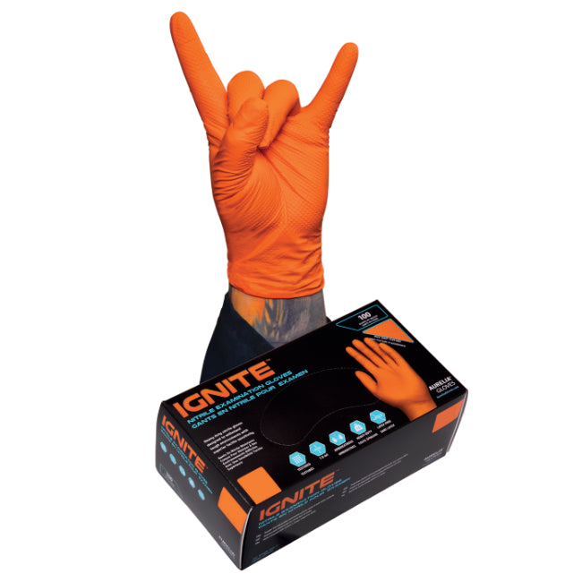 IGNITE gants jetables en nitrile orange sans poudre, boîte de 100.