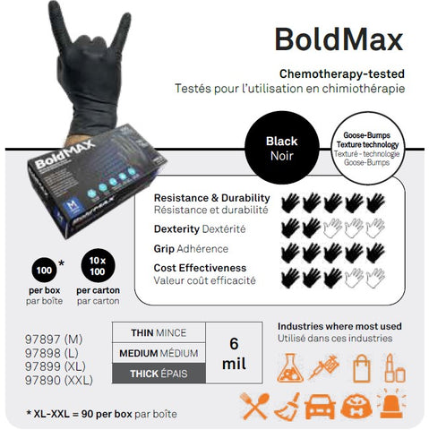 Gants de nitrile Aurelia Bold Max 6mil - Noir - Caisse de 10 boîtes - Specification - StopGerms