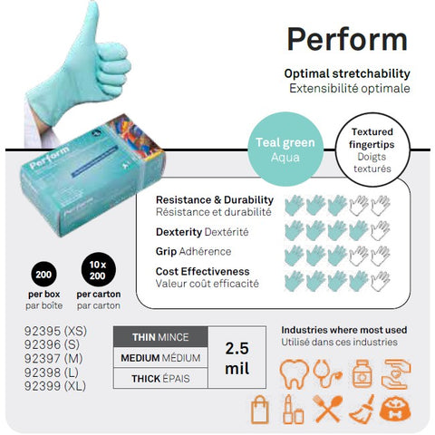 Gants de nitrile Aurelia Perform 2.5mil - Aqua - Caisse de 10 boîtes