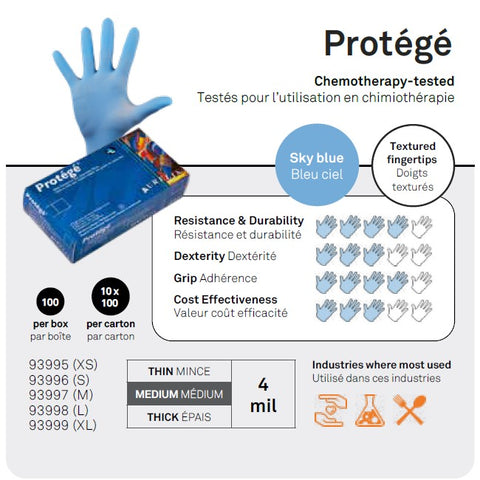 Gants de nitrile Protégé 4mil - Bleu ciel - Caisse de 10 boîtes - Specifications - Stopgerms