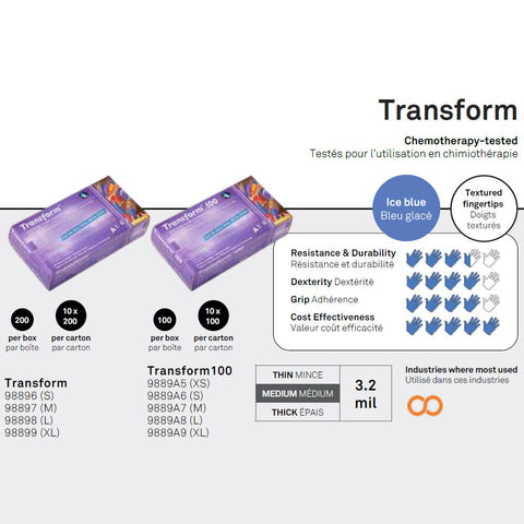 Gants de nitrile Transform 3.2mil - Bleu glacé - Caisse de 10 boîtes - Specification - StopGerms