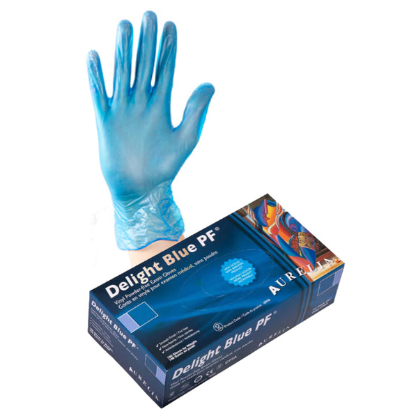 Gants de vinyle Aurelia Delight PF 4mil - Bleu - Caisse de 10 boîtes - Stopgerms